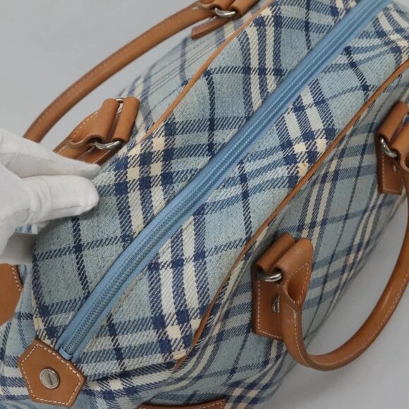 BURBERRY Nova Check Blue Label Hand Bag Wool Light Blue Silver Auth - Picture 7 of 16